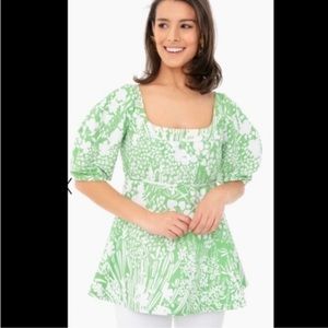 Tuckernuck Women's Nealy Corset Top Green Garden Floral Puff Sleeve Blouse Med